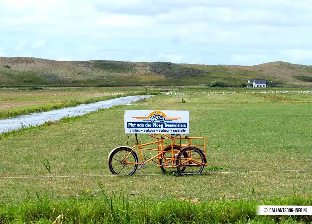 Schild „Piet van der Ploeg“ in den Dünen.
