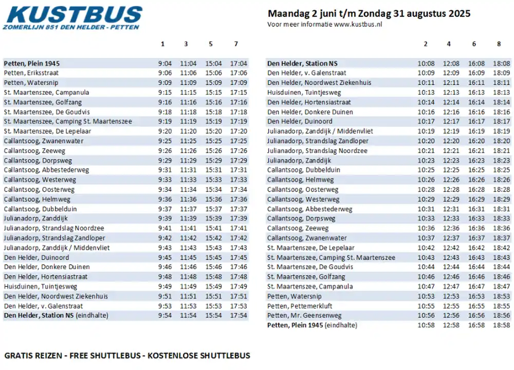 Kustbus Dienstenregeling
